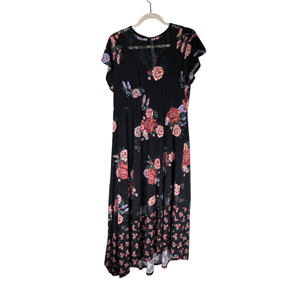Torrid Womens 1X Black Floral Print Lace SS Studio Knit Midi Asymmetrical Dress